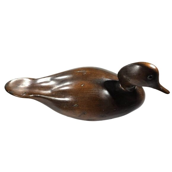 Hand-Carved Wooden Duck Figurine Signed HM 12" Vtg Rustic Decor Sculpture - Picture 2 of 6